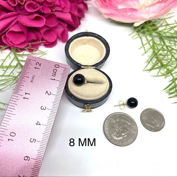 VINTAGE⚜️14K GOLD ONYX Polished 8MM Gemstone Orb Stud Earrings - Picture 10 of 13